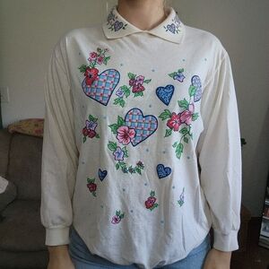 Joan Stuart Vintage Collared Heart Graphic Pullover Size Large
